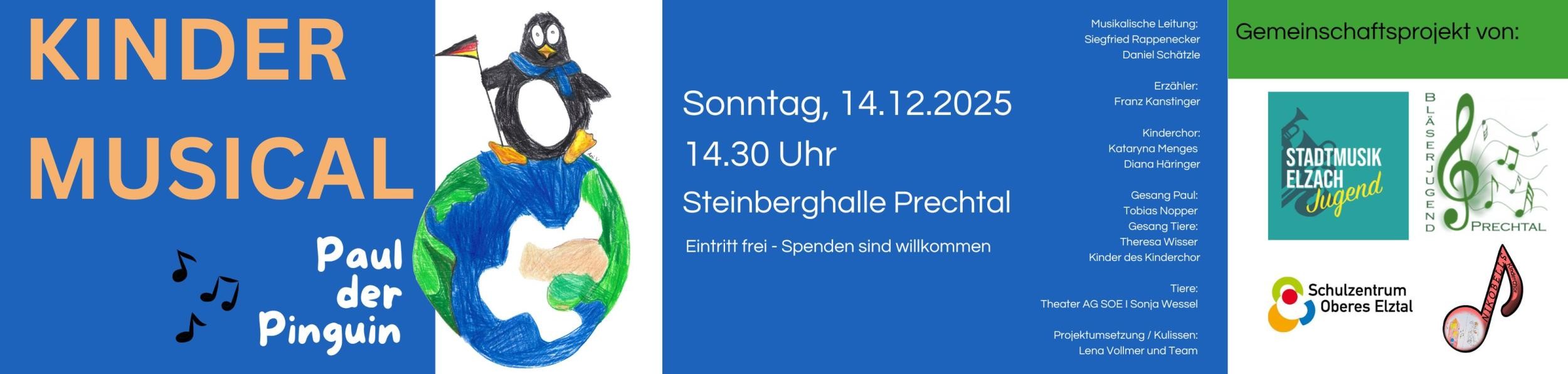Kindermusical - Paul der Pinguin - 14.12.2025 um 14h30 - Steinberghalle Prechtal Kindermusical - Paul der Pinguin - 14.12.2025 um 14h30 - Steinberghalle Prechtal